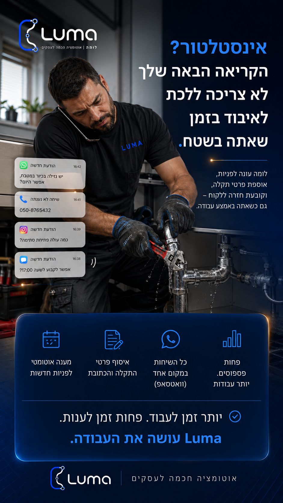 אינסטלטור בעבודה מנהל תורים דרך וואטסאפ